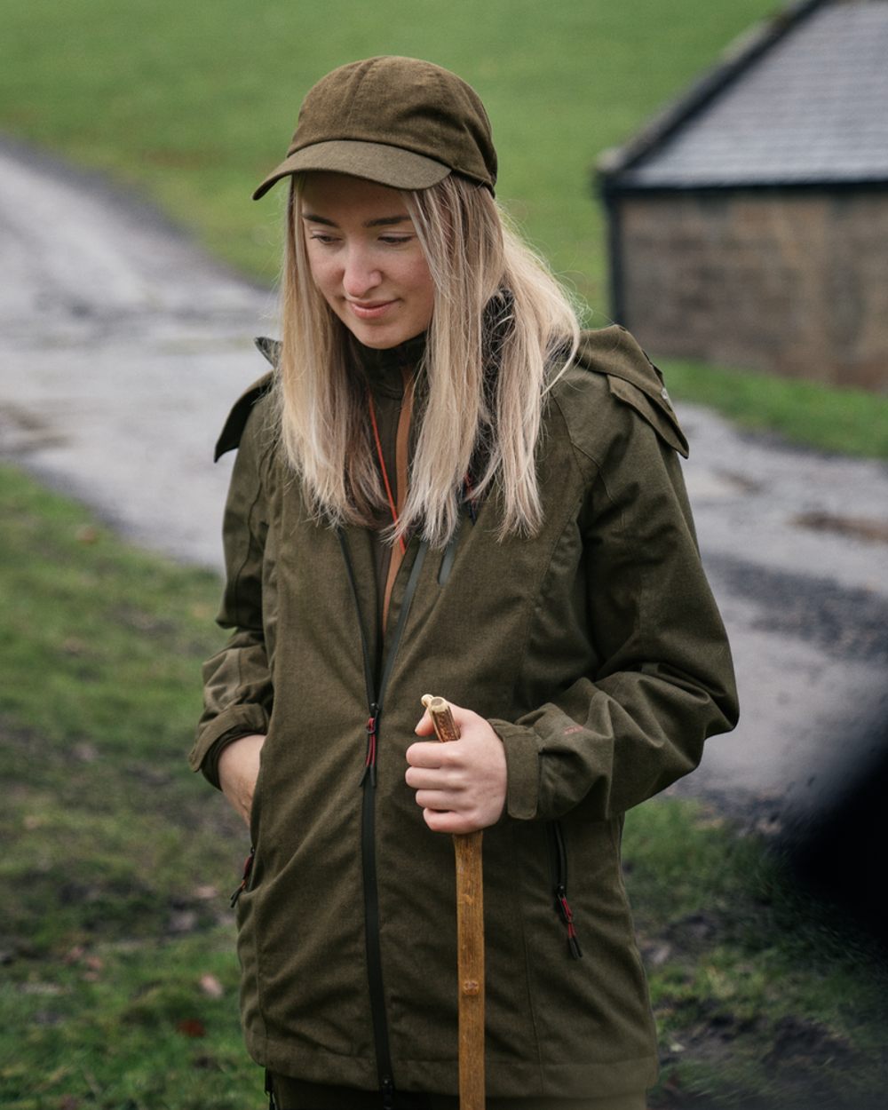 Pine Green Melange coloured Seeland Womens Avail Jacket on a farm background