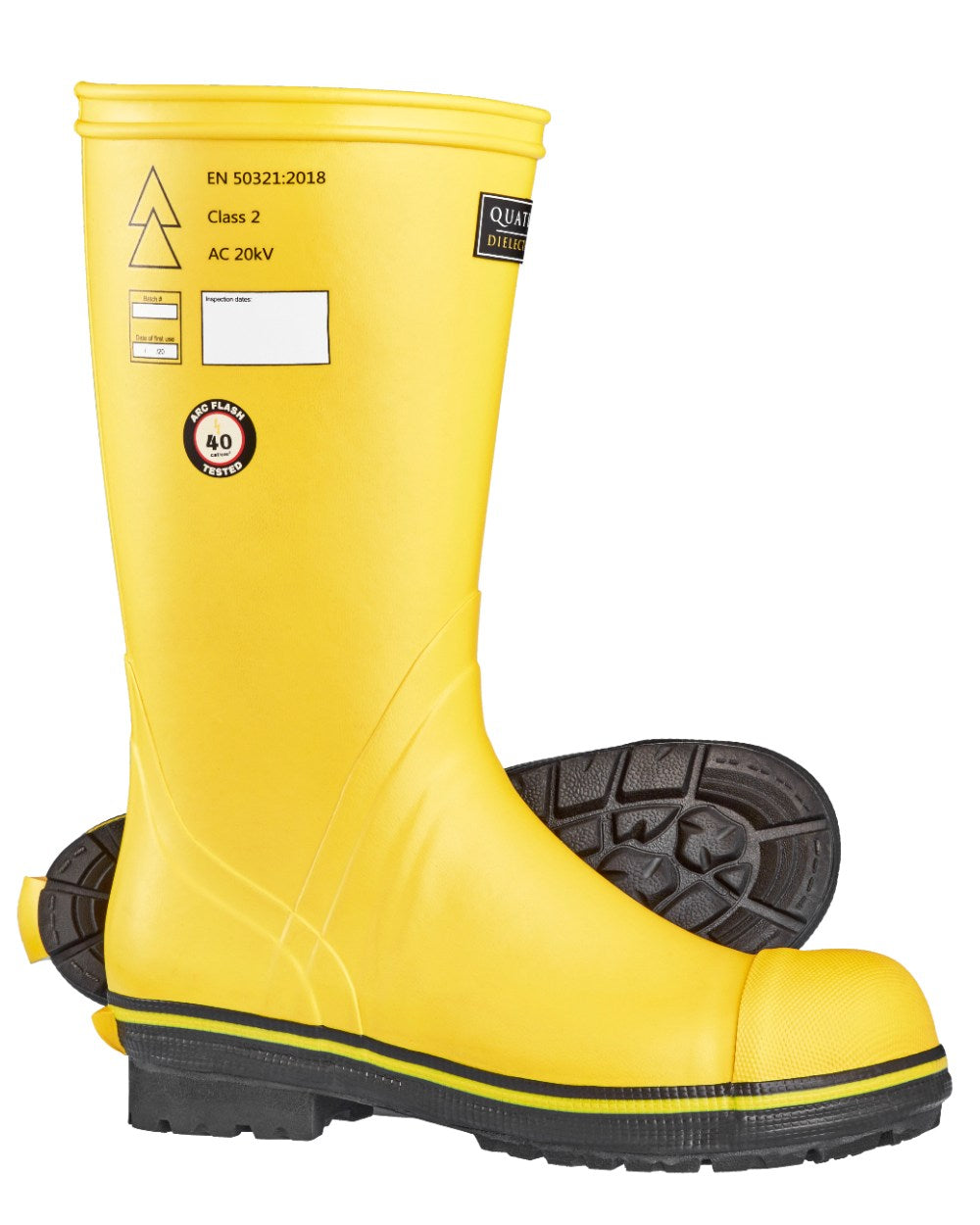 Yellow Black Coloured Skellerup Quatro Dielectric Wellingtons on white background 