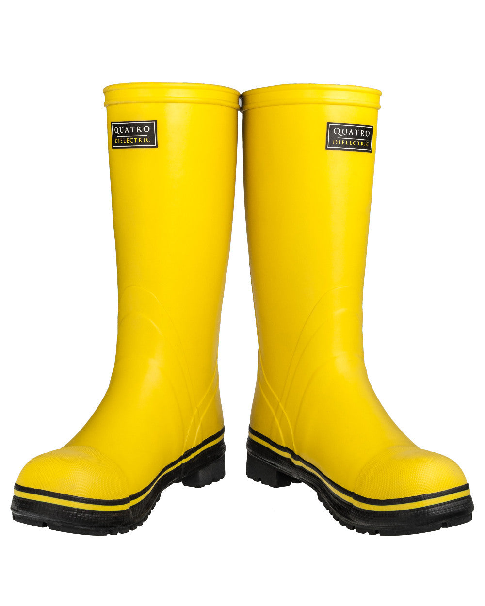 Yellow Black Coloured Skellerup Quatro Dielectric Wellingtons on white background 