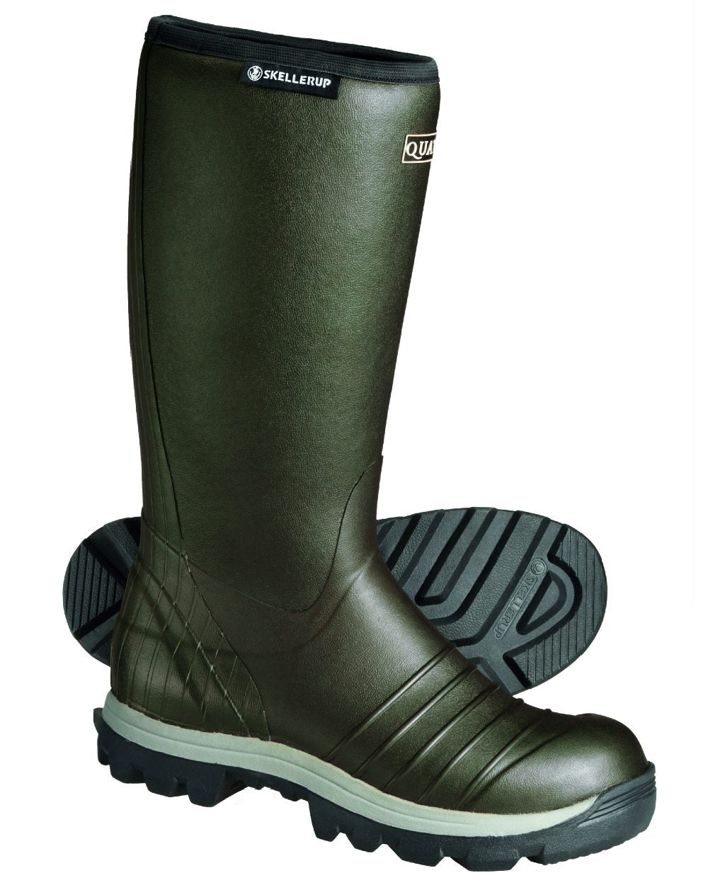 Green Grey Coloured Skellerup Quatro Insulated Green Boot on white background 