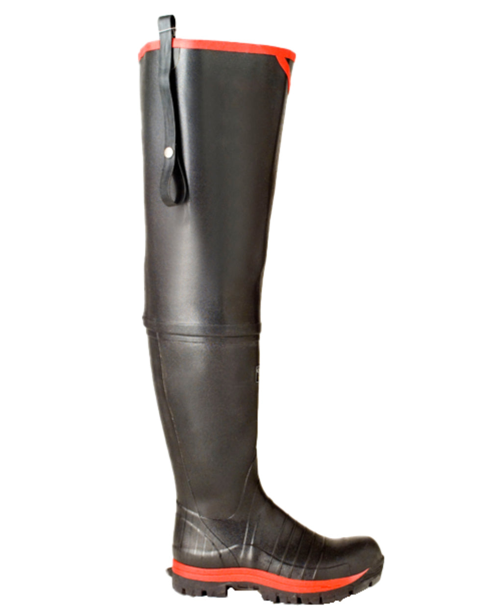 Black Red Coloured Skellerup Quatro Super Safety S5 Thigh Boots on white background 