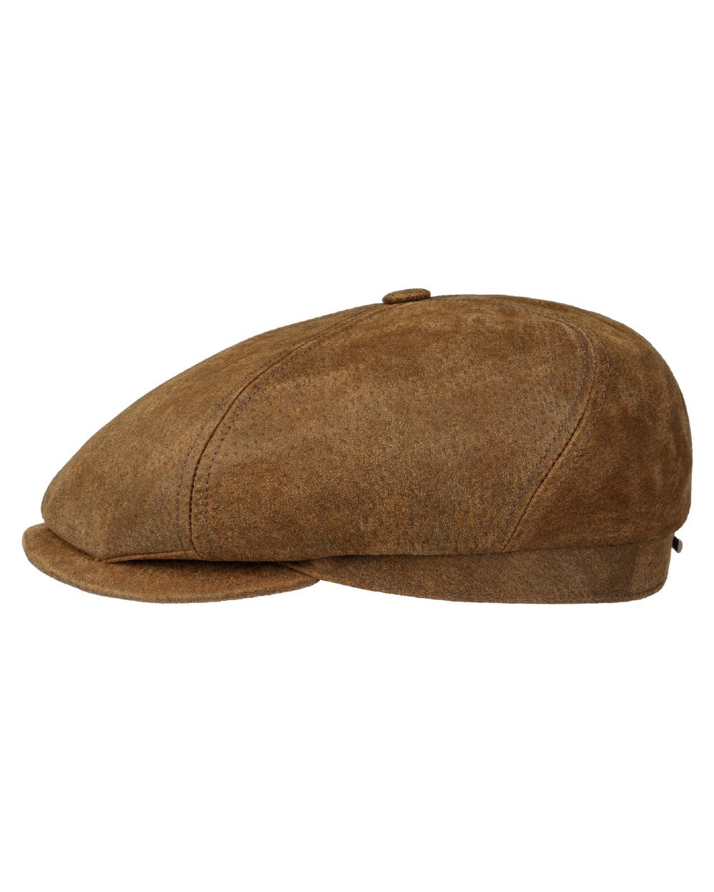 Brown coloured Stetson 6 Panel Vintage Pigskin Flat Cap on white background 