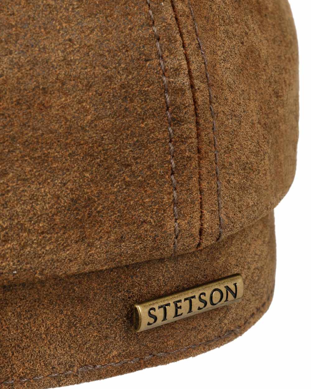 Brown coloured Stetson 6 Panel Vintage Pigskin Flat Cap on white background 