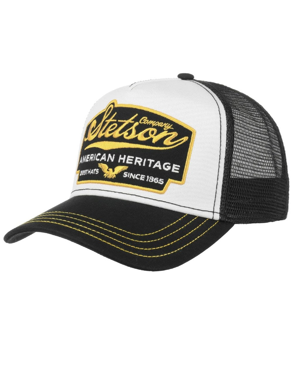 Black white coloured Stetson American Heritage Black White Trucker Cap on white background