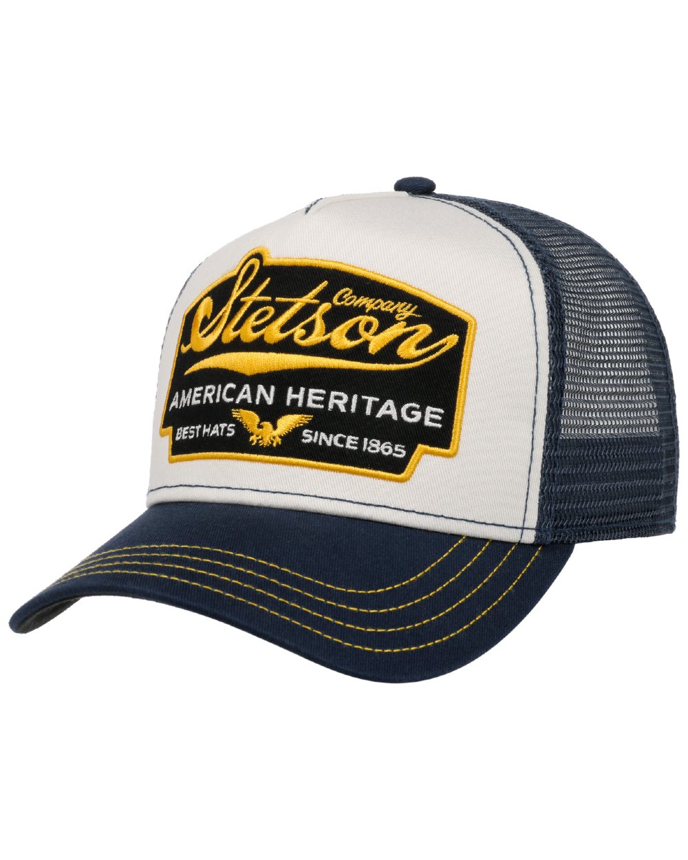 Blue White coloured Stetson American Heritage Blue White Trucker Cap on white background 