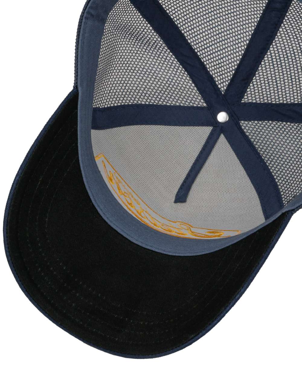 Blue White coloured Stetson American Heritage Blue White Trucker Cap on white background 