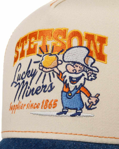 Denim Blue Off White coloured Stetson American Heritage Lucky Miners Trucker Cap on white background 