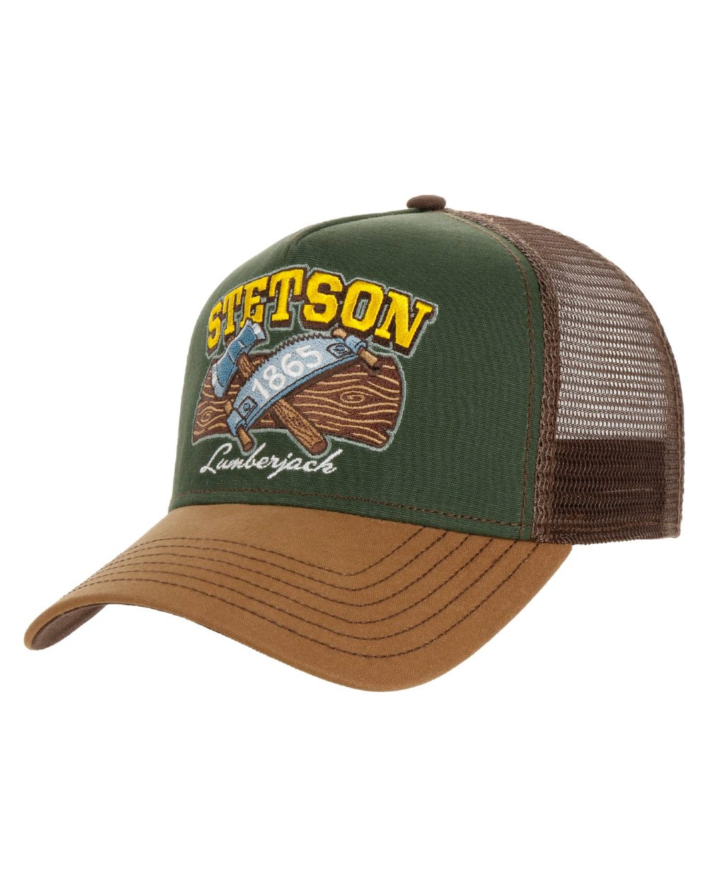 Caramel Green coloured Stetson American Heritage Lumberjack Trucker Cap on white background 