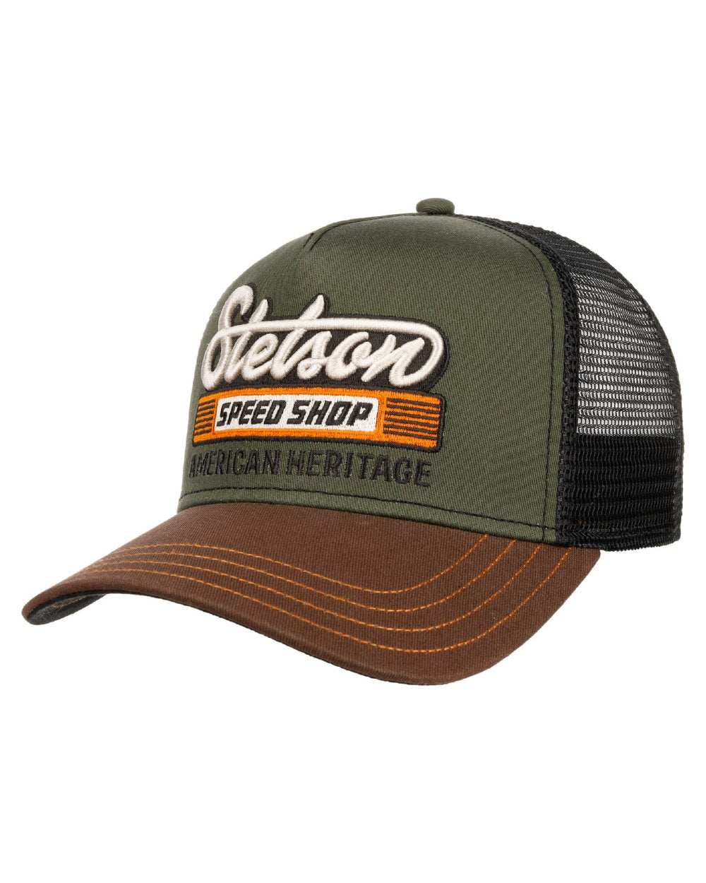 Chestnut Olive coloured Stetson American Heritage Speed Shop Trucker Cap on white background 