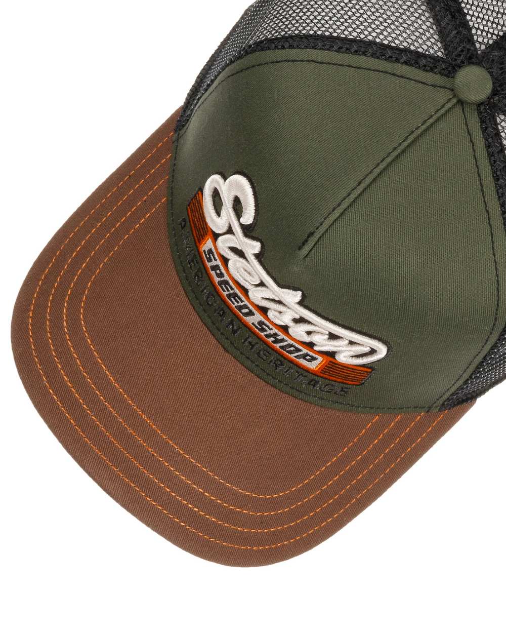 Chestnut Olive coloured Stetson American Heritage Speed Shop Trucker Cap on white background 