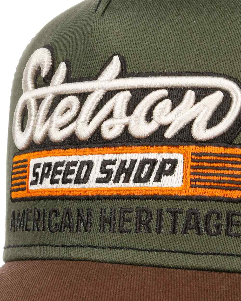 Chestnut Olive coloured Stetson American Heritage Speed Shop Trucker Cap on white background 