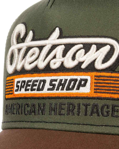 Chestnut Olive coloured Stetson American Heritage Speed Shop Trucker Cap on white background 