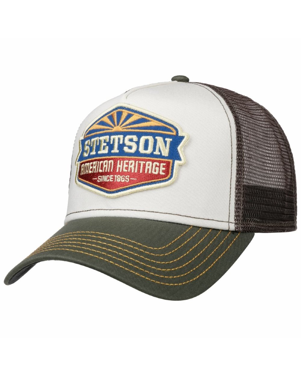 Green White coloured Stetson American Heritage Sun Trucker Cap on white background 