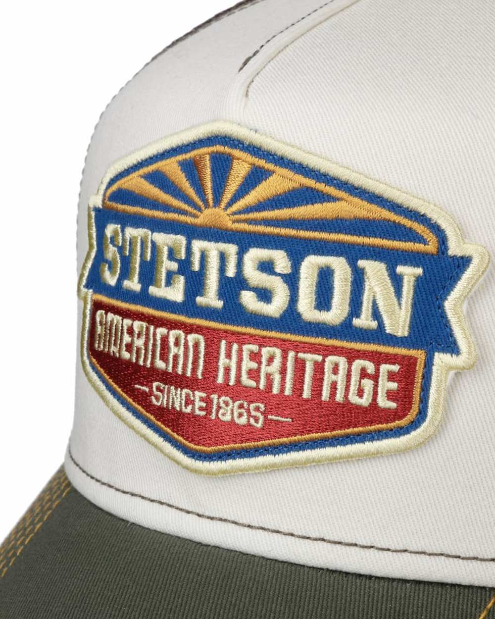 Green White coloured Stetson American Heritage Sun Trucker Cap on white background 