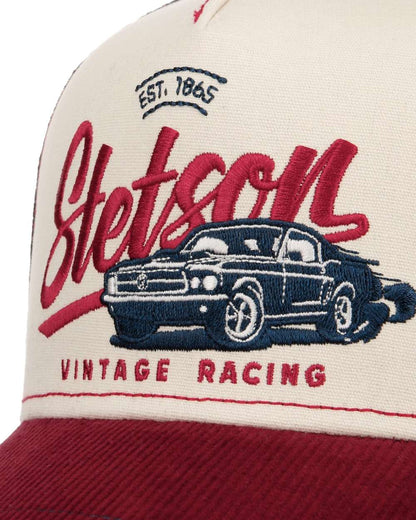 Wine Off White coloured Stetson American Heritage Vintage Racing Trucker Cap on white background 