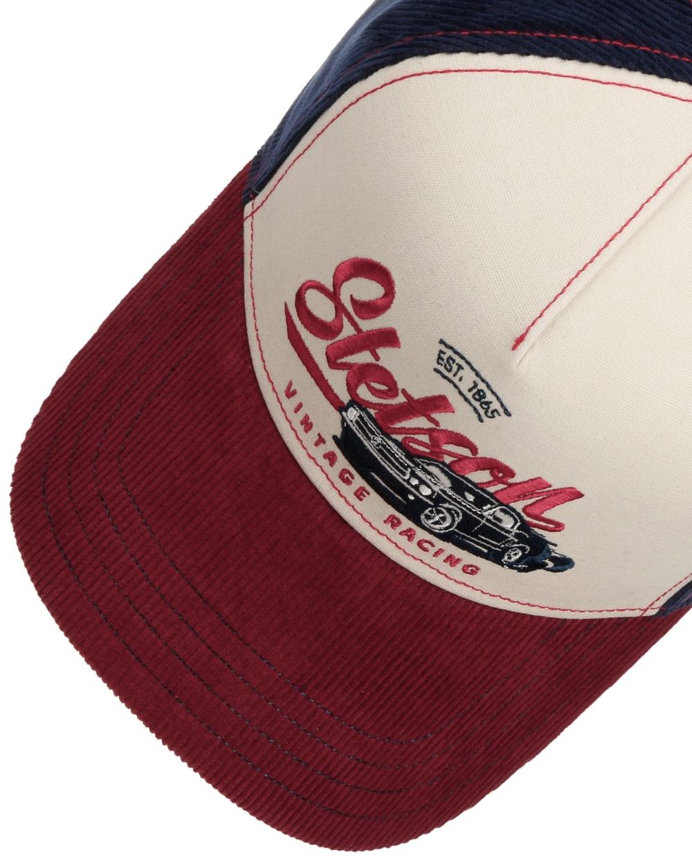 Wine Off White coloured Stetson American Heritage Vintage Racing Trucker Cap on white background 