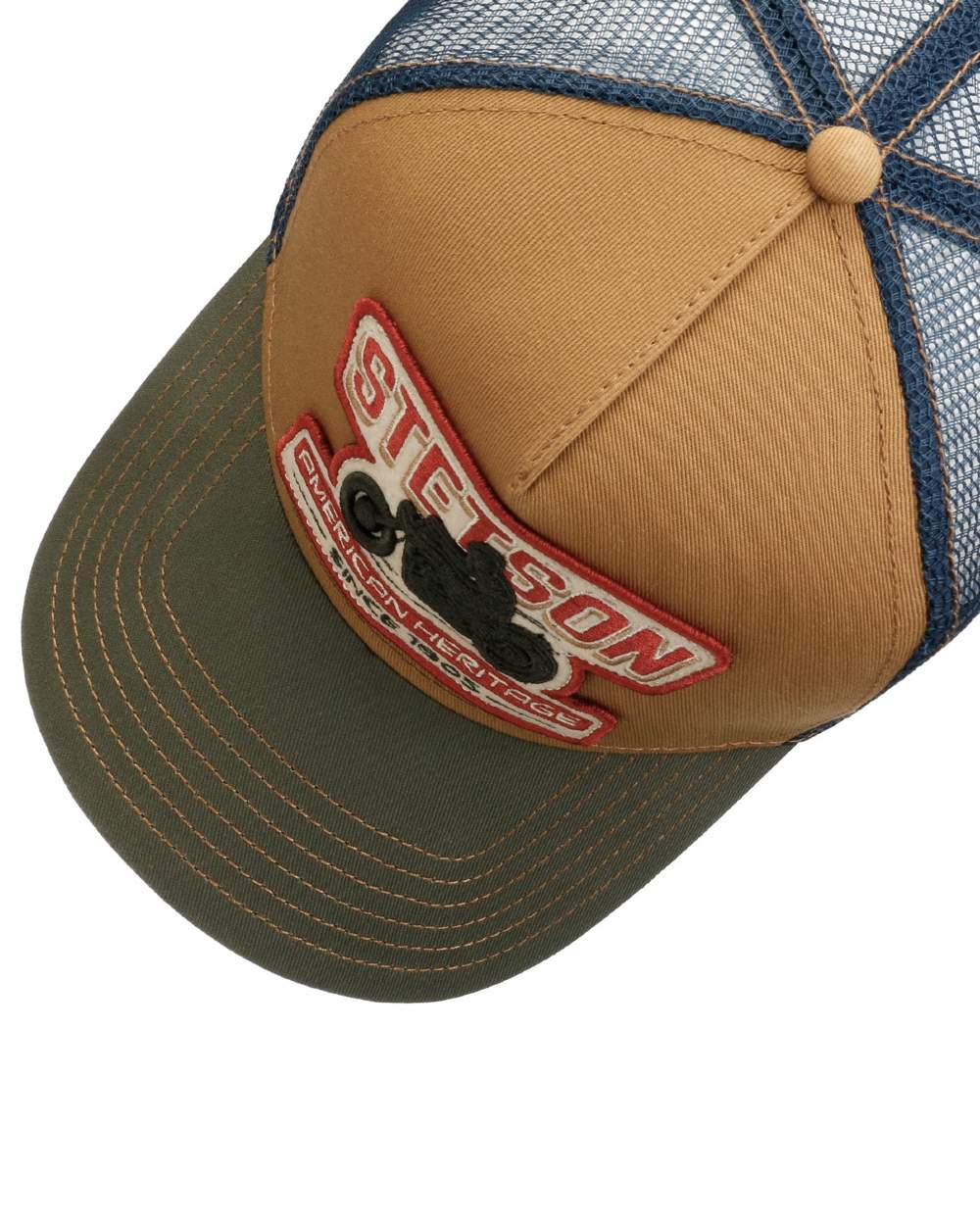 Blue coloured Stetson Biker Trucker Cap on white background 