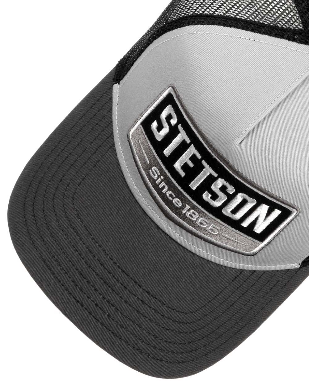 Grey Black coloured Stetson Black Highway Trucker Cap on white background 