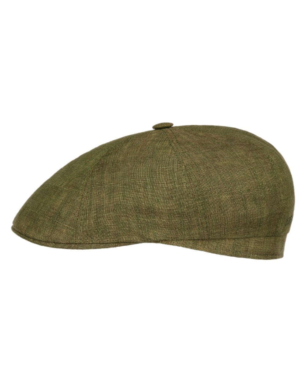 Dark Olive Coloured Stetson Bricksford 8 Panel Linen Flat Cap on white background 