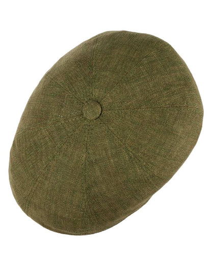 Dark Olive Coloured Stetson Bricksford 8 Panel Linen Flat Cap on white background 