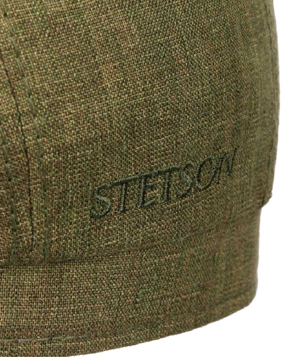Dark Olive Coloured Stetson Bricksford 8 Panel Linen Flat Cap on white background 
