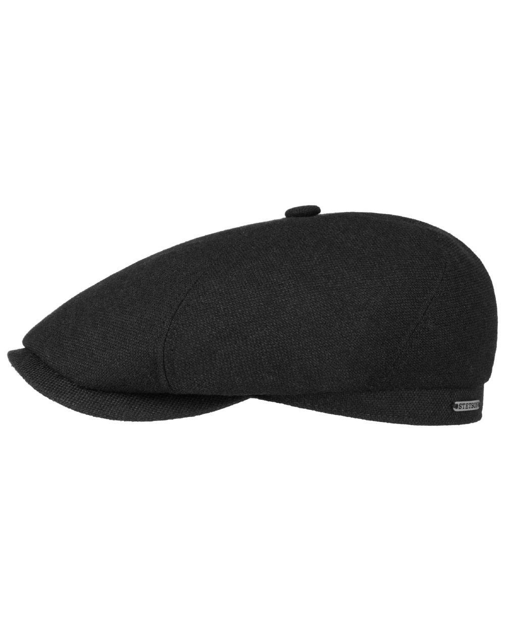 Black coloured Stetson Brooklin Wool Cashmere Flat Cap on white background 