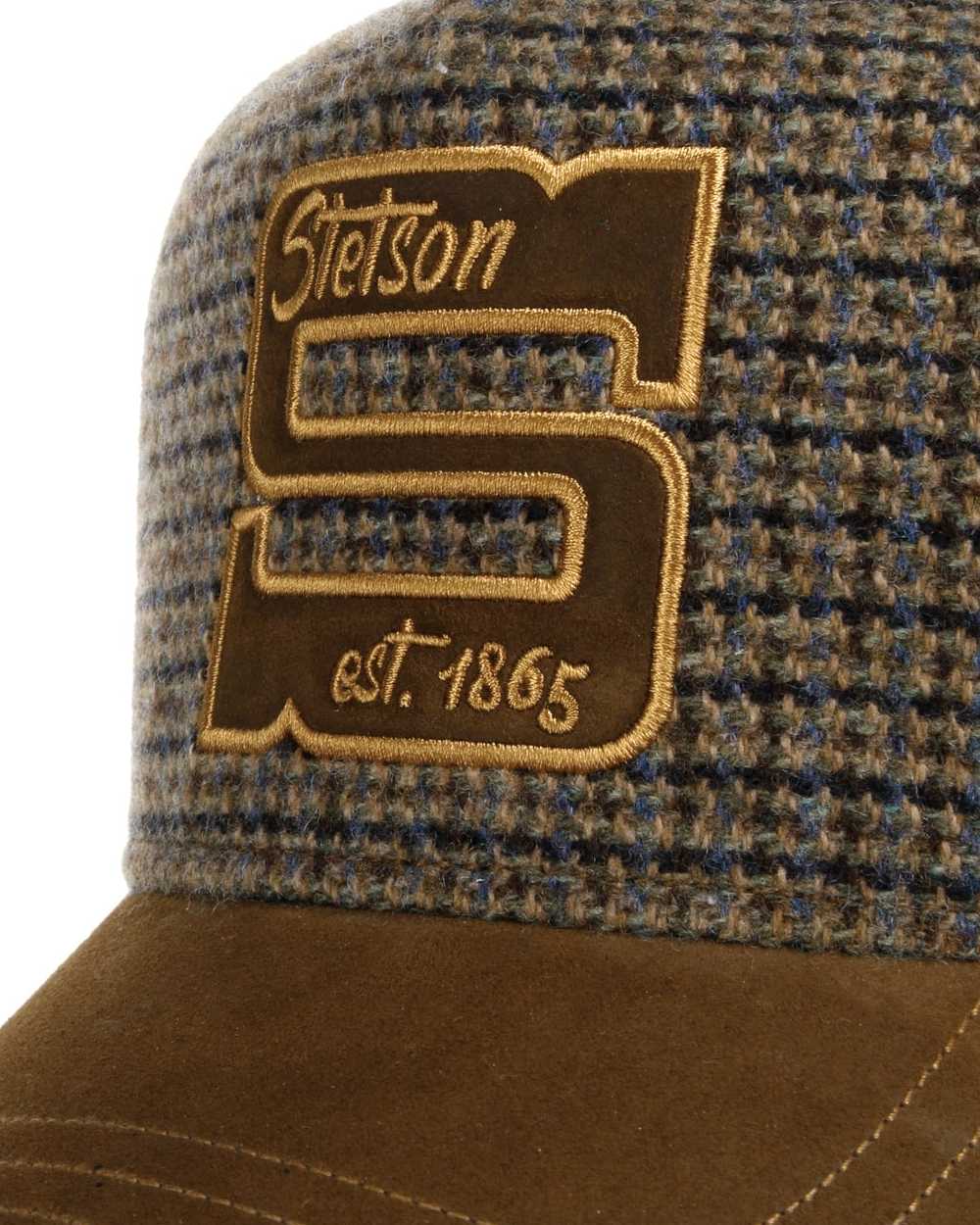 Brown coloured Stetson Capital S Trucker Cap on white background 