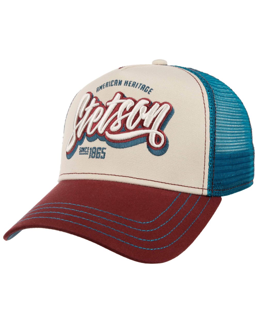 Wine Off White coloured Stetson One For All Trucker Cap on white background 