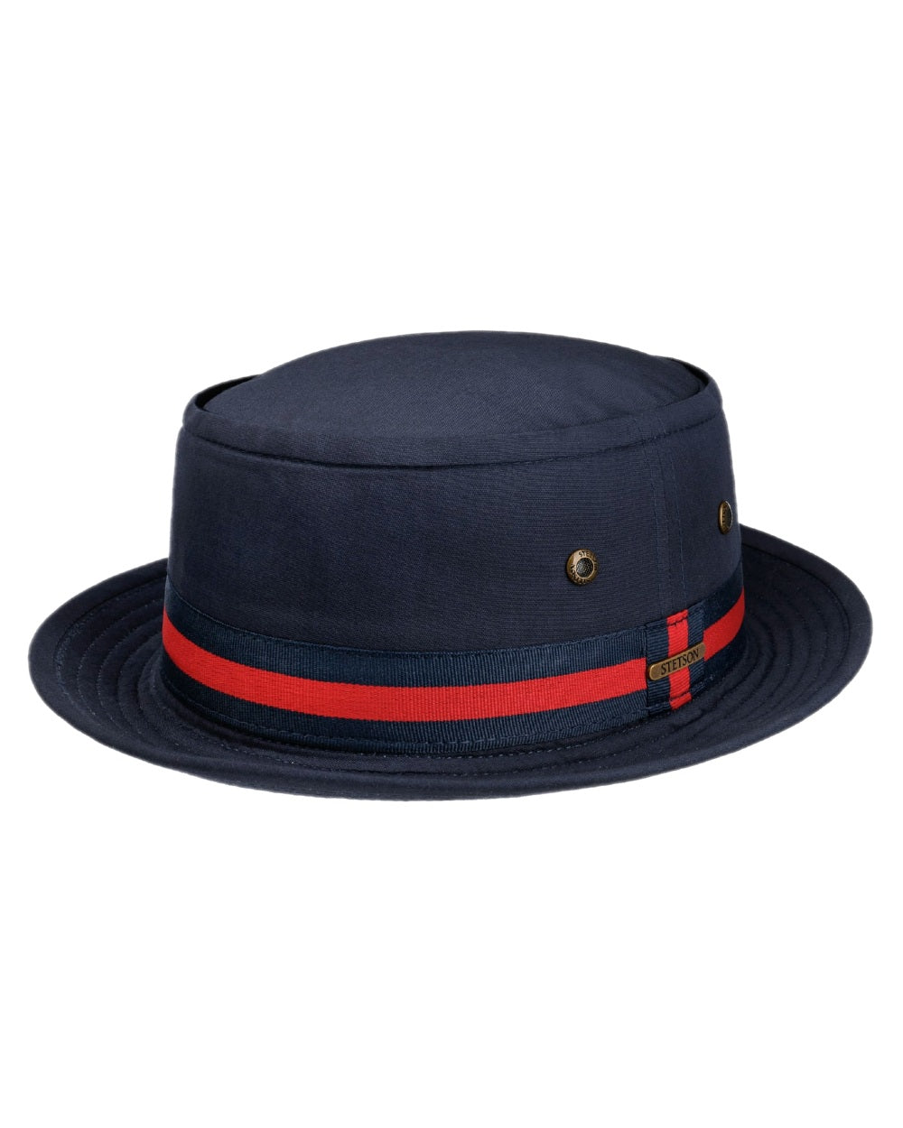 Navy Coloured Stetson Classic Band Pork Pie Cloth Hat on white background 