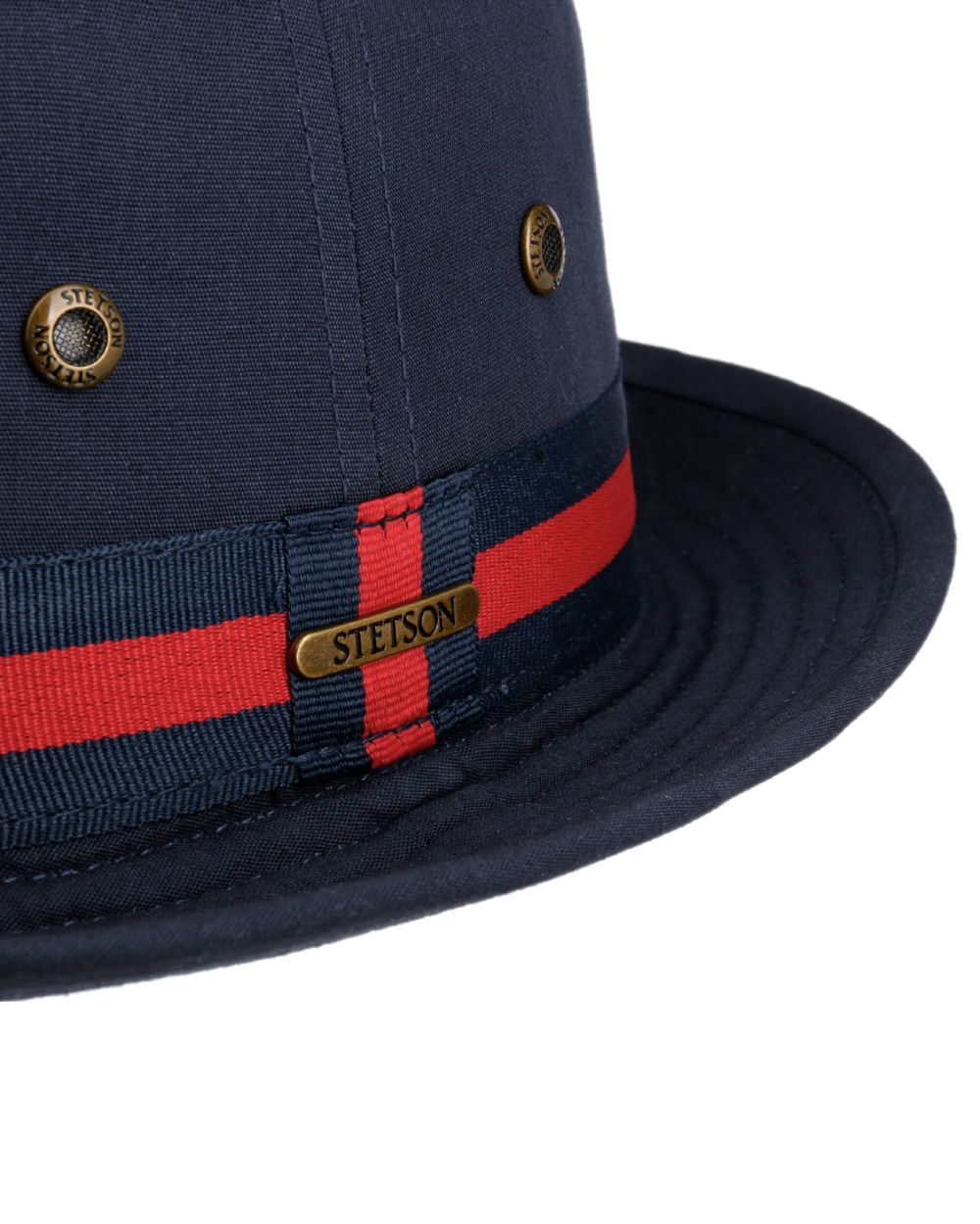 Navy Coloured Stetson Classic Band Pork Pie Cloth Hat on white background 
