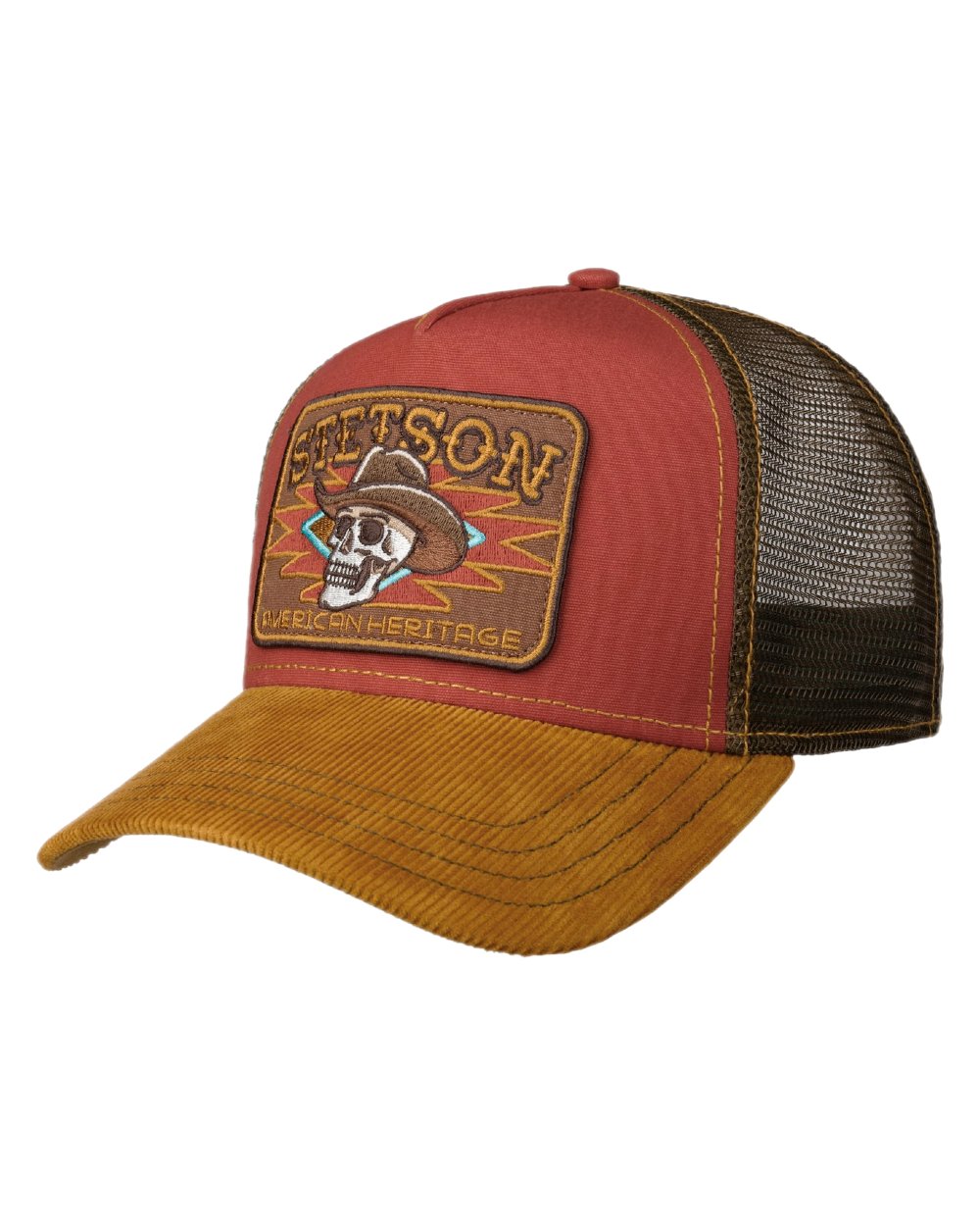 Yellow Red Coloured Stetson Cowboy Skull Trucker Cap on white background 