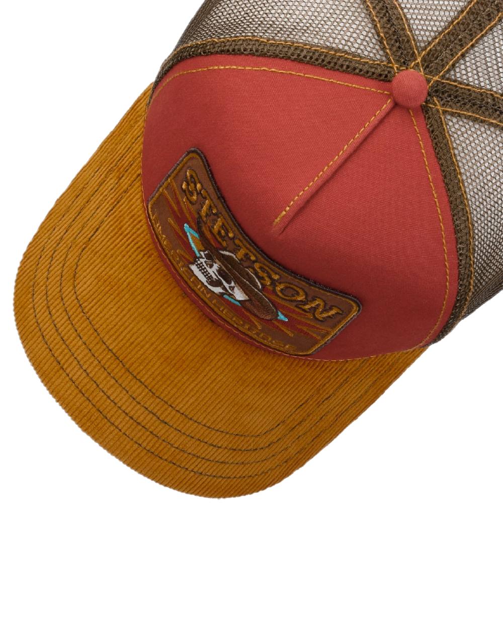 Yellow Red Coloured Stetson Cowboy Skull Trucker Cap on white background 