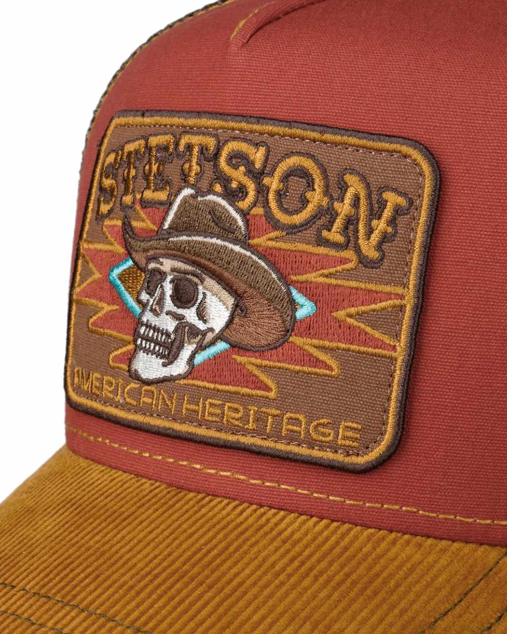 Yellow Red Coloured Stetson Cowboy Skull Trucker Cap on white background 