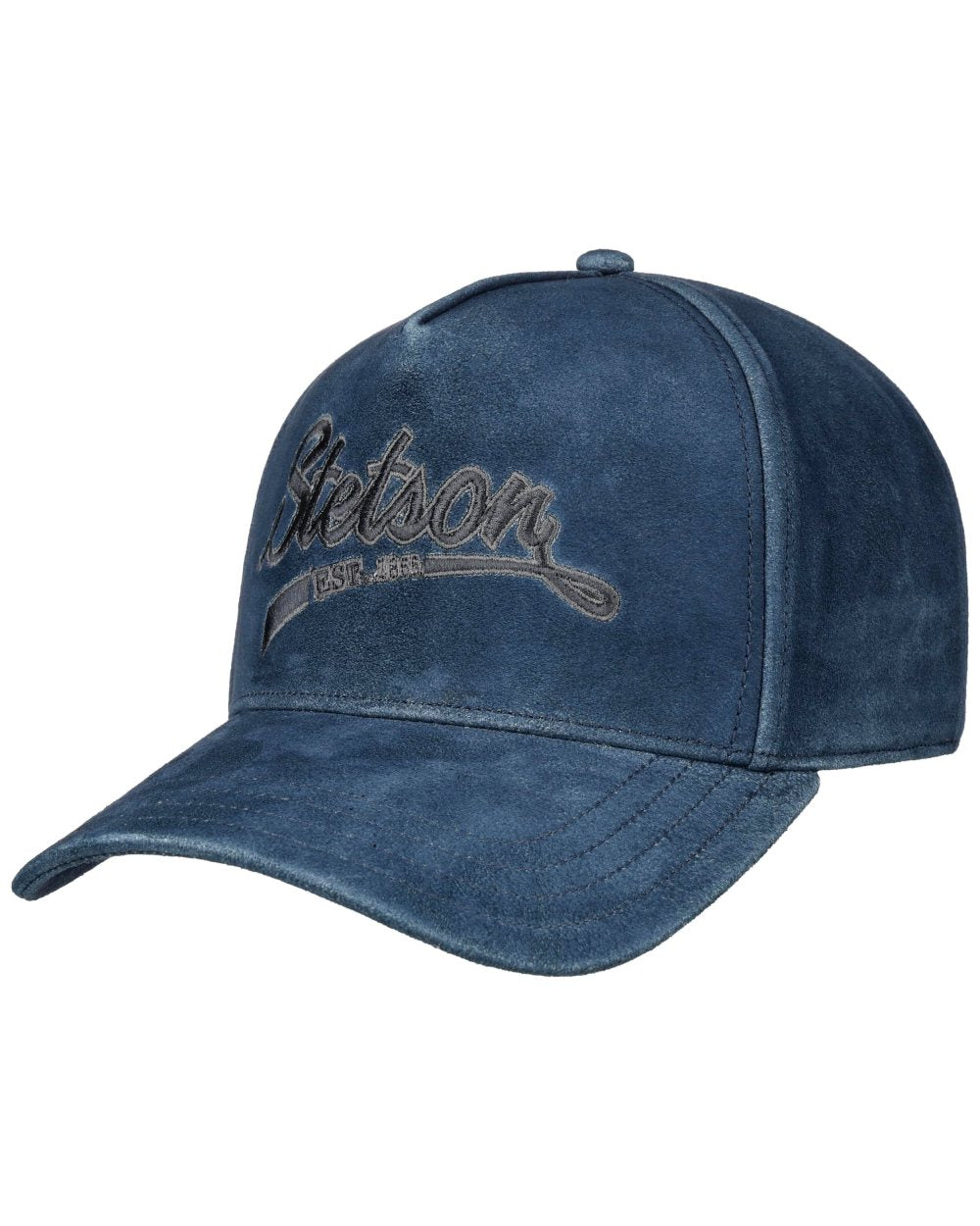 Denim Blue coloured Stetson Denim Leather Trucker Cap on white background 