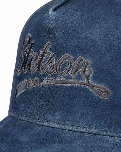 Denim Blue coloured Stetson Denim Leather Trucker Cap on white background 