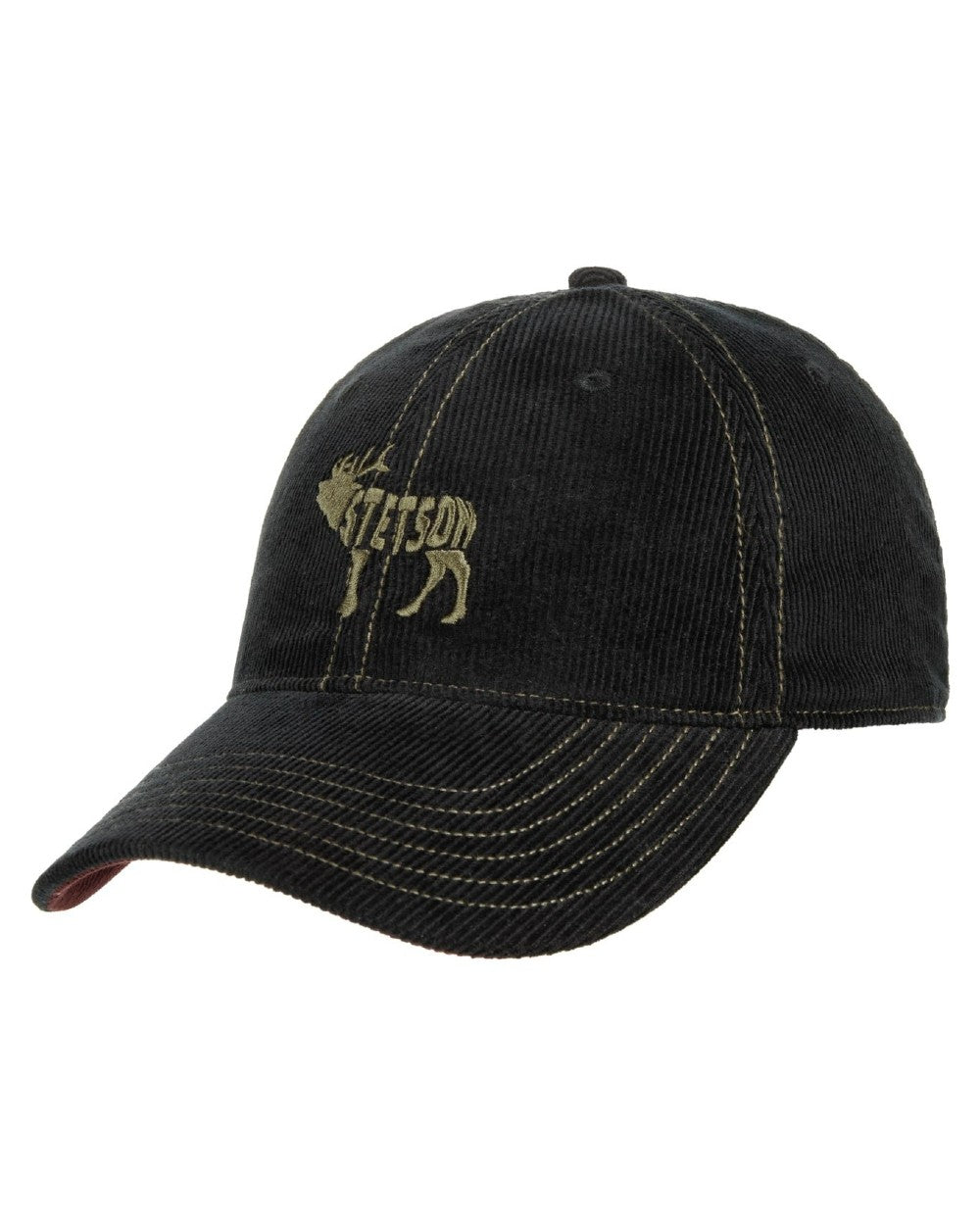 Black coloured Stetson Embroidered Deer Corduroy Cap on white background 