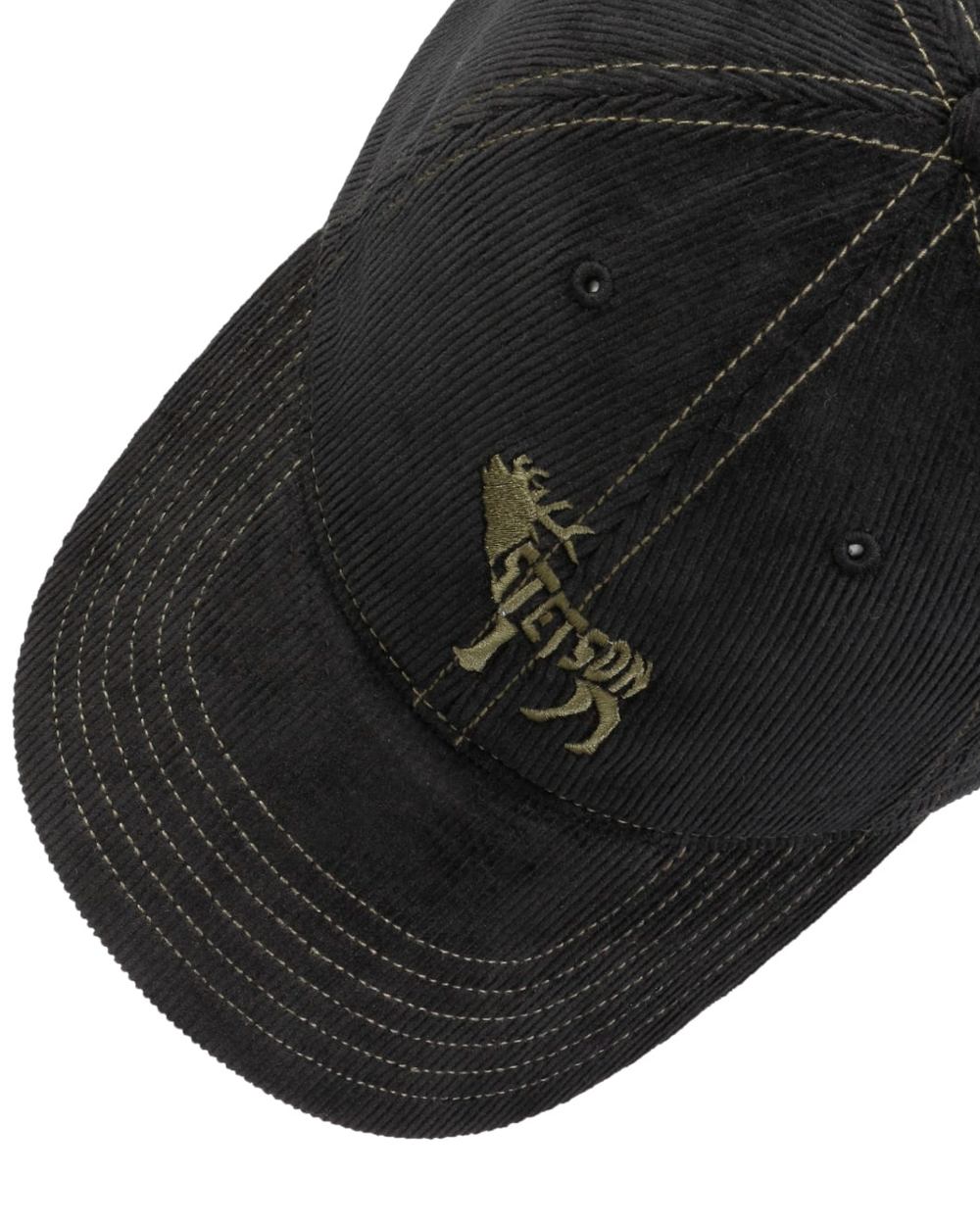 Black coloured Stetson Embroidered Deer Corduroy Cap on white background 