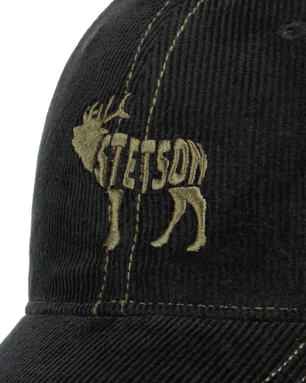 Black coloured Stetson Embroidered Deer Corduroy Cap on white background 