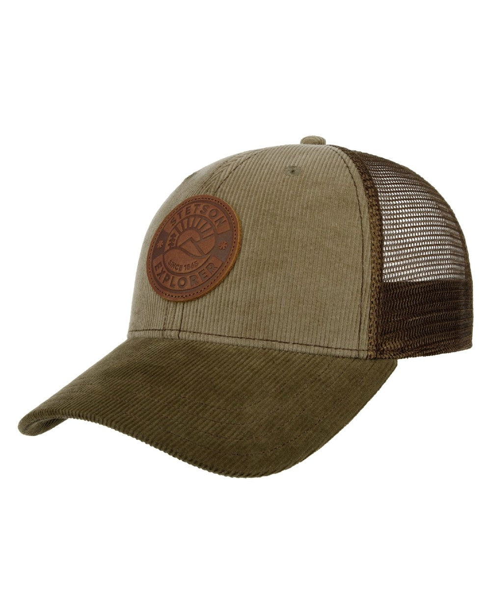 Light Green Khaki Stetson Explorer Since 1865 Trucker Cap on white background 