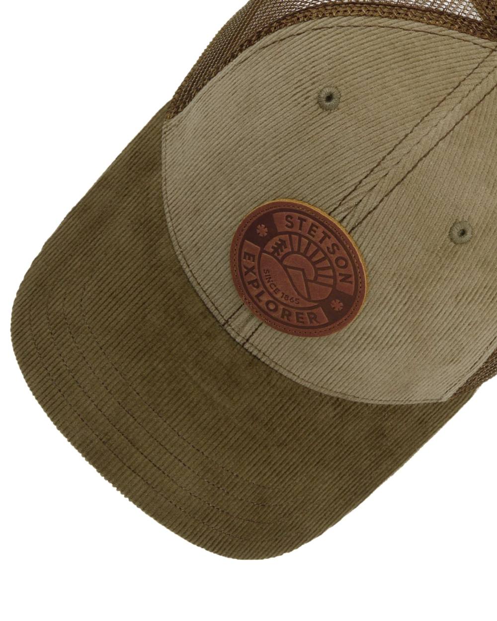 Light Green Khaki Stetson Explorer Since 1865 Trucker Cap on white background 