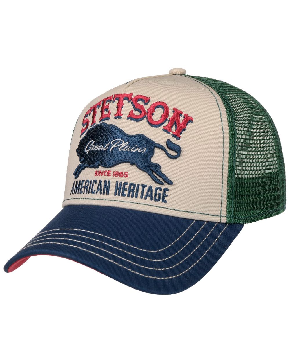 Green coloured Stetson Great Plains Trucker Cap on white background 