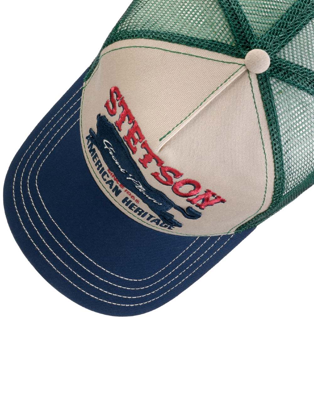 Green coloured Stetson Great Plains Trucker Cap on white background 