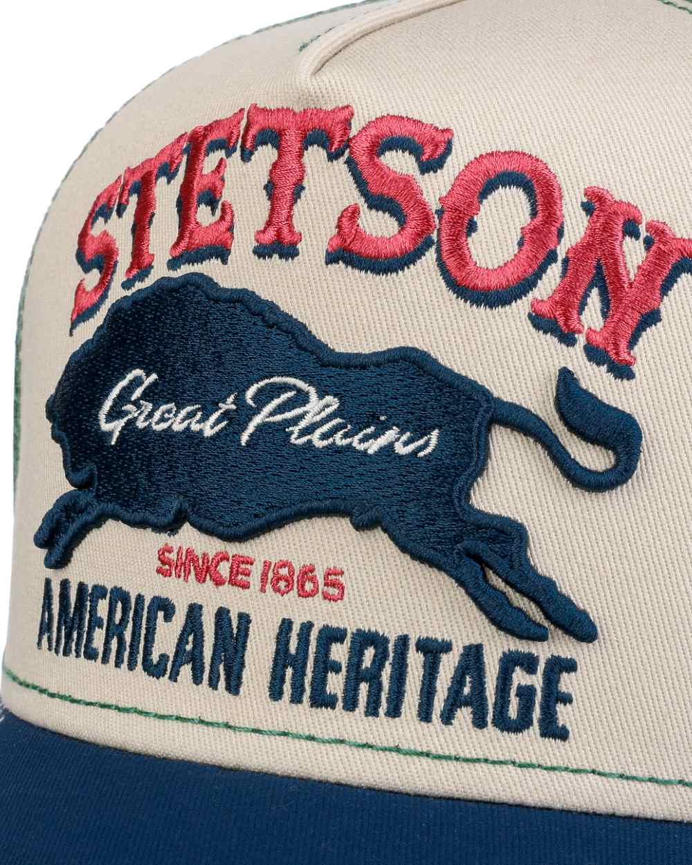 Green coloured Stetson Great Plains Trucker Cap on white background 