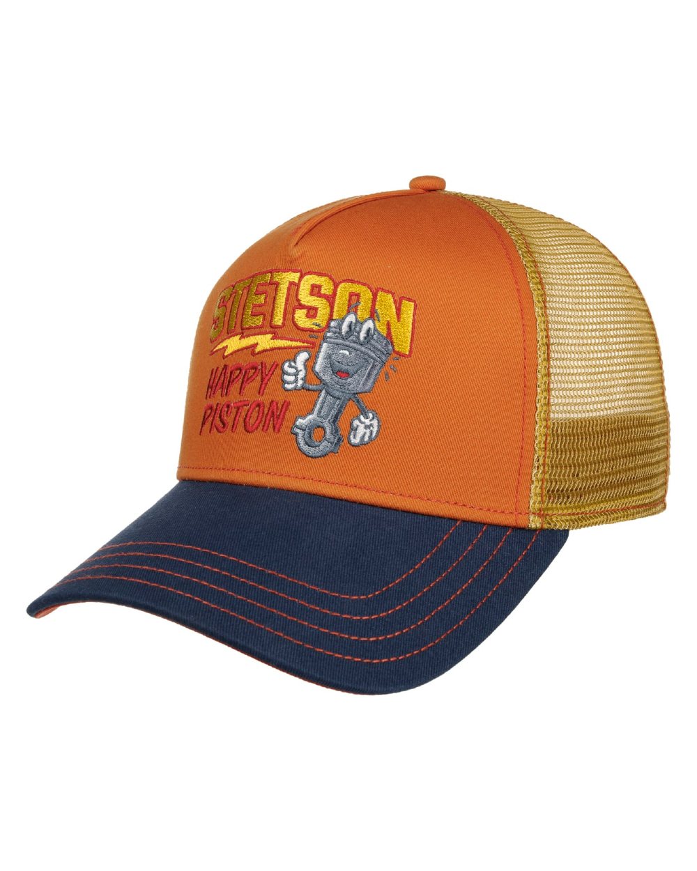 Terracotta coloured Stetson Happy Piston Trucker Cap on white background 