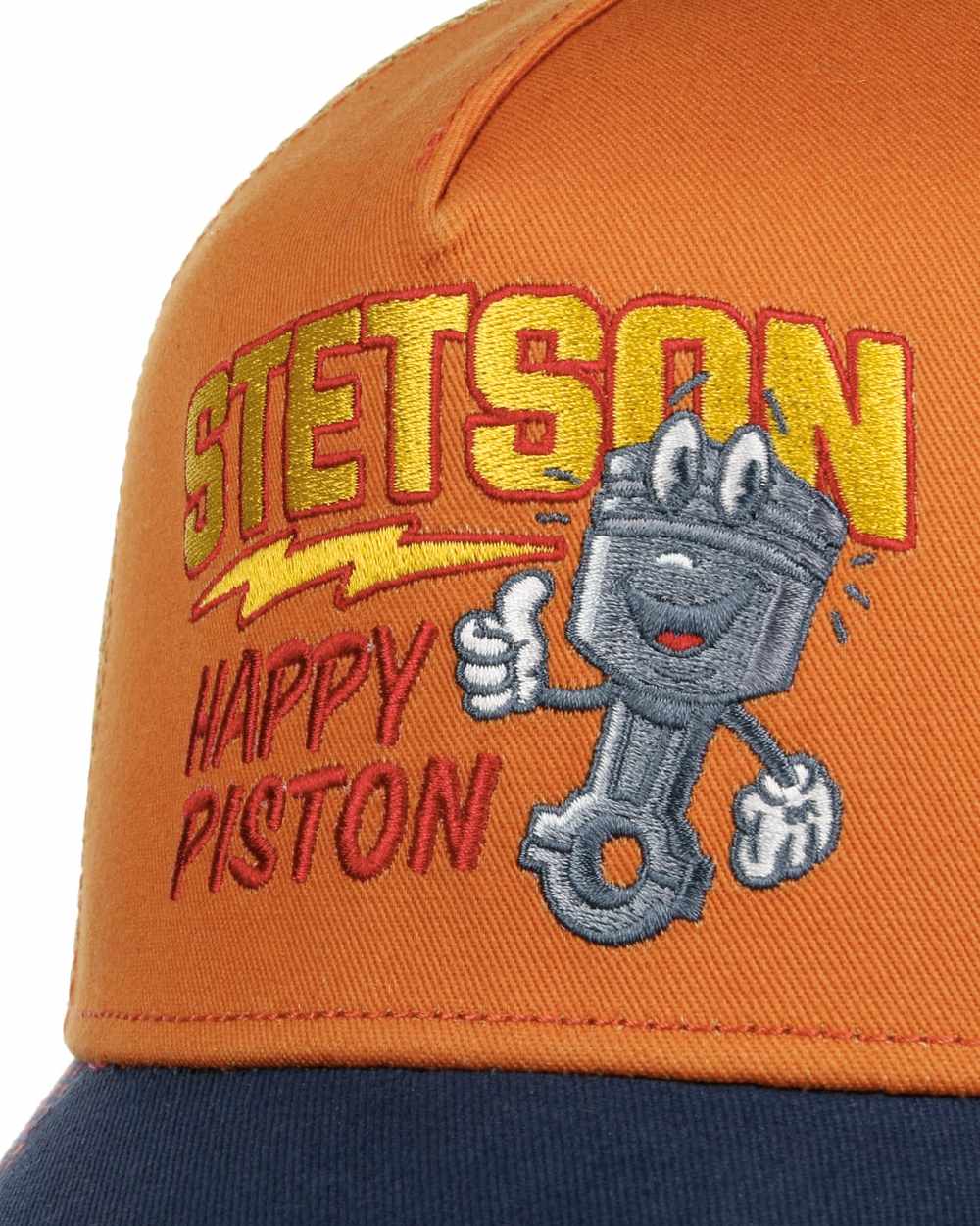 Terracotta coloured Stetson Happy Piston Trucker Cap on white background 