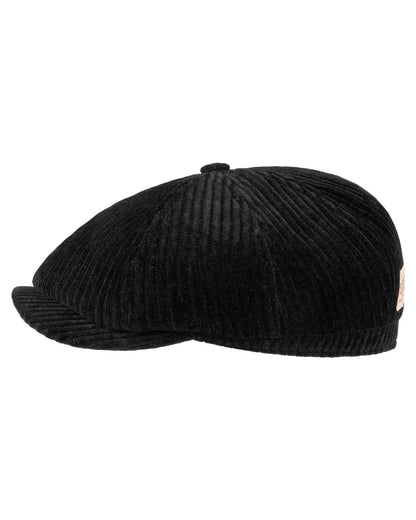 Black coloured Stetson Hatteras Corduroy Jersey Flat Cap on white background 
