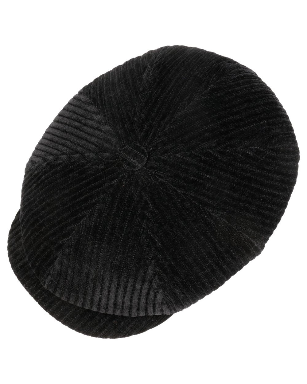 Black coloured Stetson Hatteras Corduroy Jersey Flat Cap on white background 