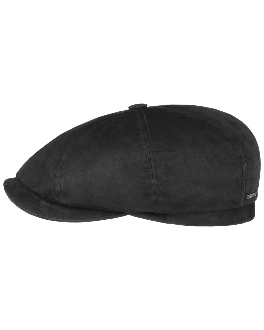 Black coloured Stetson Hatteras Goat Suede Flat Cap on white background 