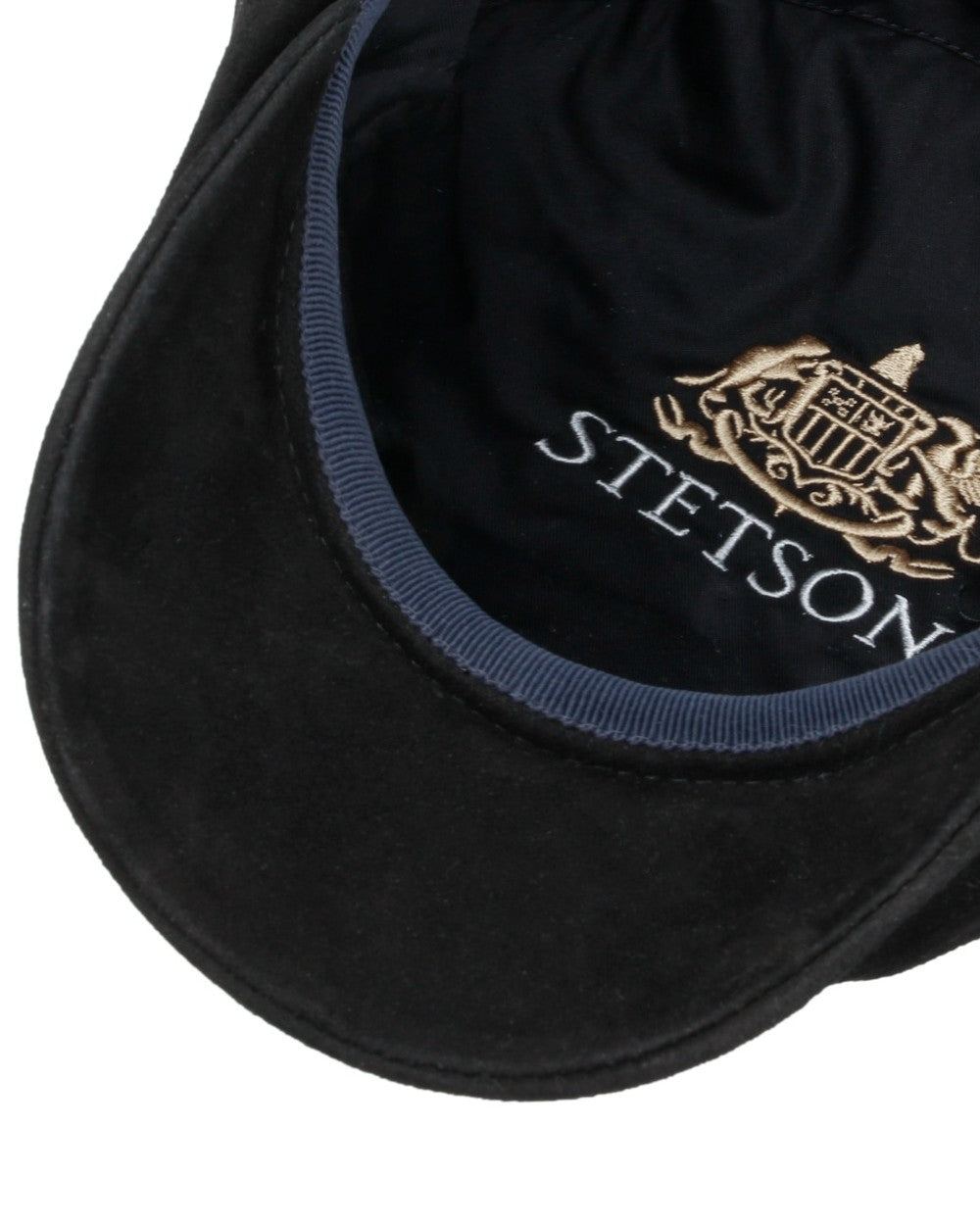 Black coloured Stetson Hatteras Goat Suede Flat Cap on white background 