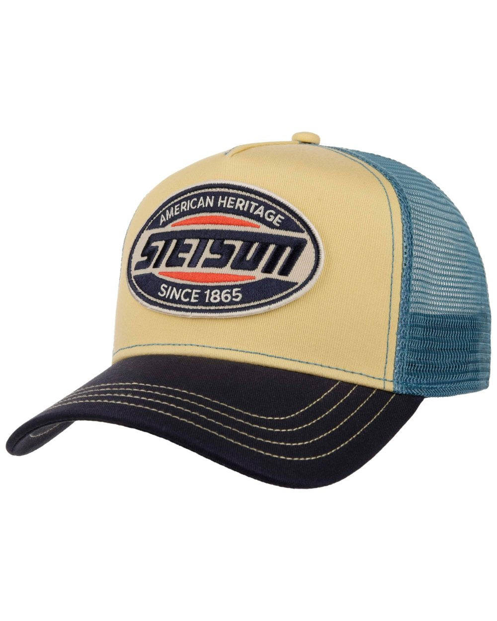 Midnight Blue Light Yellow coloured Stetson High Speed Trucker Cap on white background 